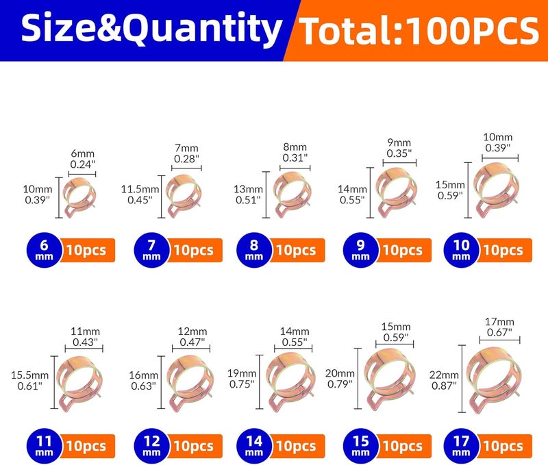 NexSync 100 Pcs Adjustable Spring Hose Clamps, Spring Band Clips Clamps Kit, Silicone Vacuum Hose Water Pipe Air Tube Low Pressure Clamps Fastener Assortment Kit - 6mm/7mm/8mm/9mm/10mm - Image 2